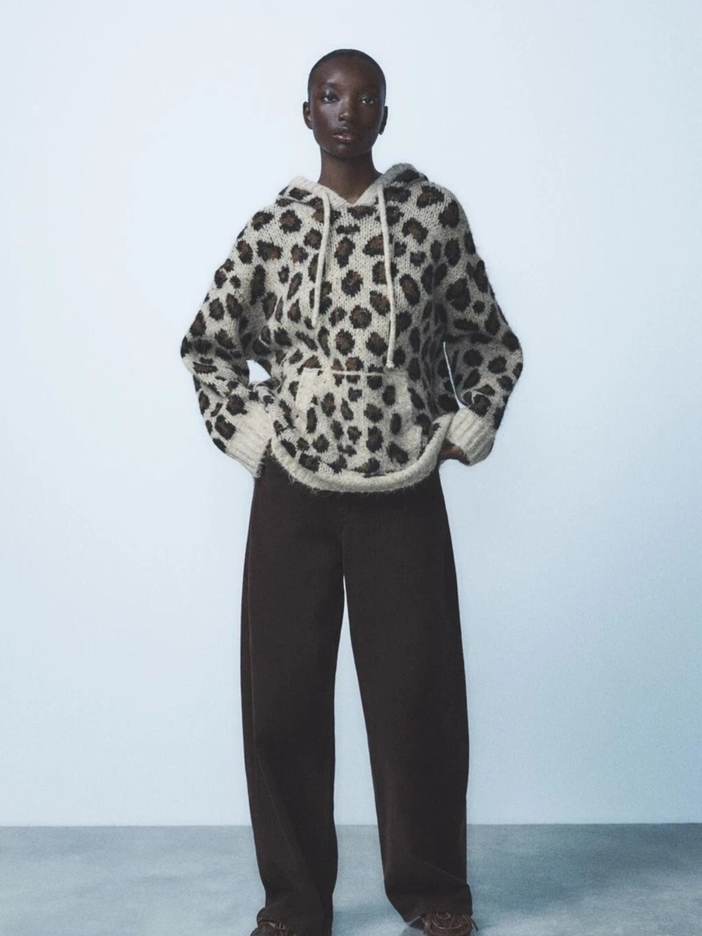 Zara Leopard Print Hooded Pullover - Cream & Brown